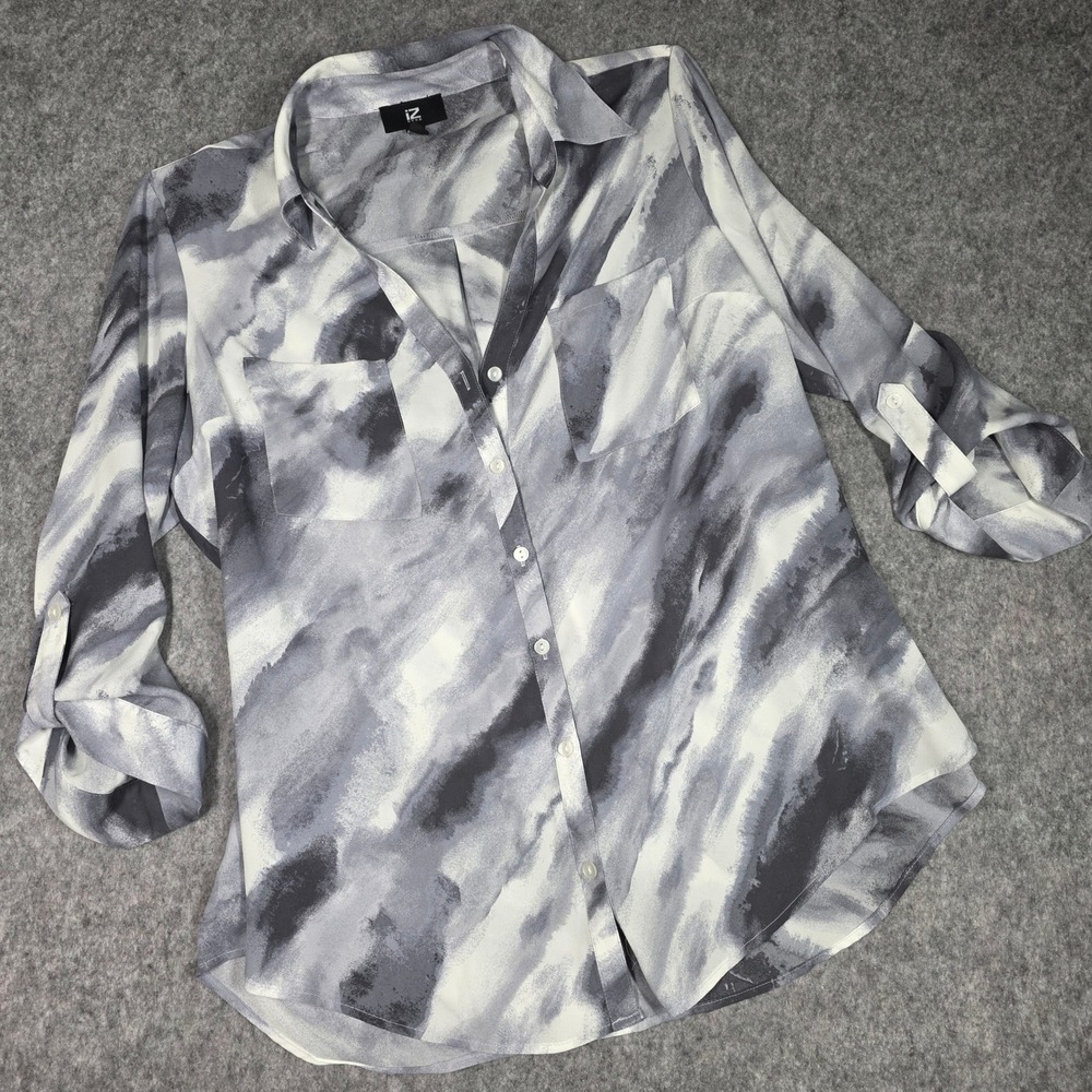 IZ Byer Button Up Blouse Grey Watercolor Roll Tab Sleeve Sheer Top XL Neutral